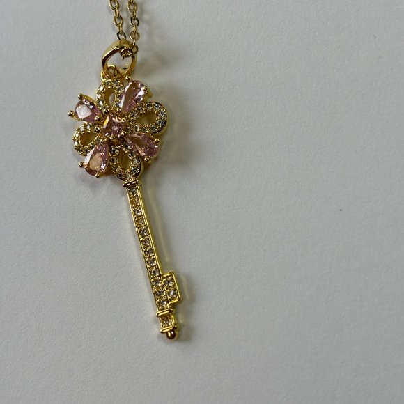 Gold 2 ct Zircon and Rose Quartz Pendant Necklace - Picture 11 of 17
